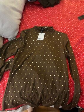 Divided Brown Long-Sleeve Top with Gold Polka Dots